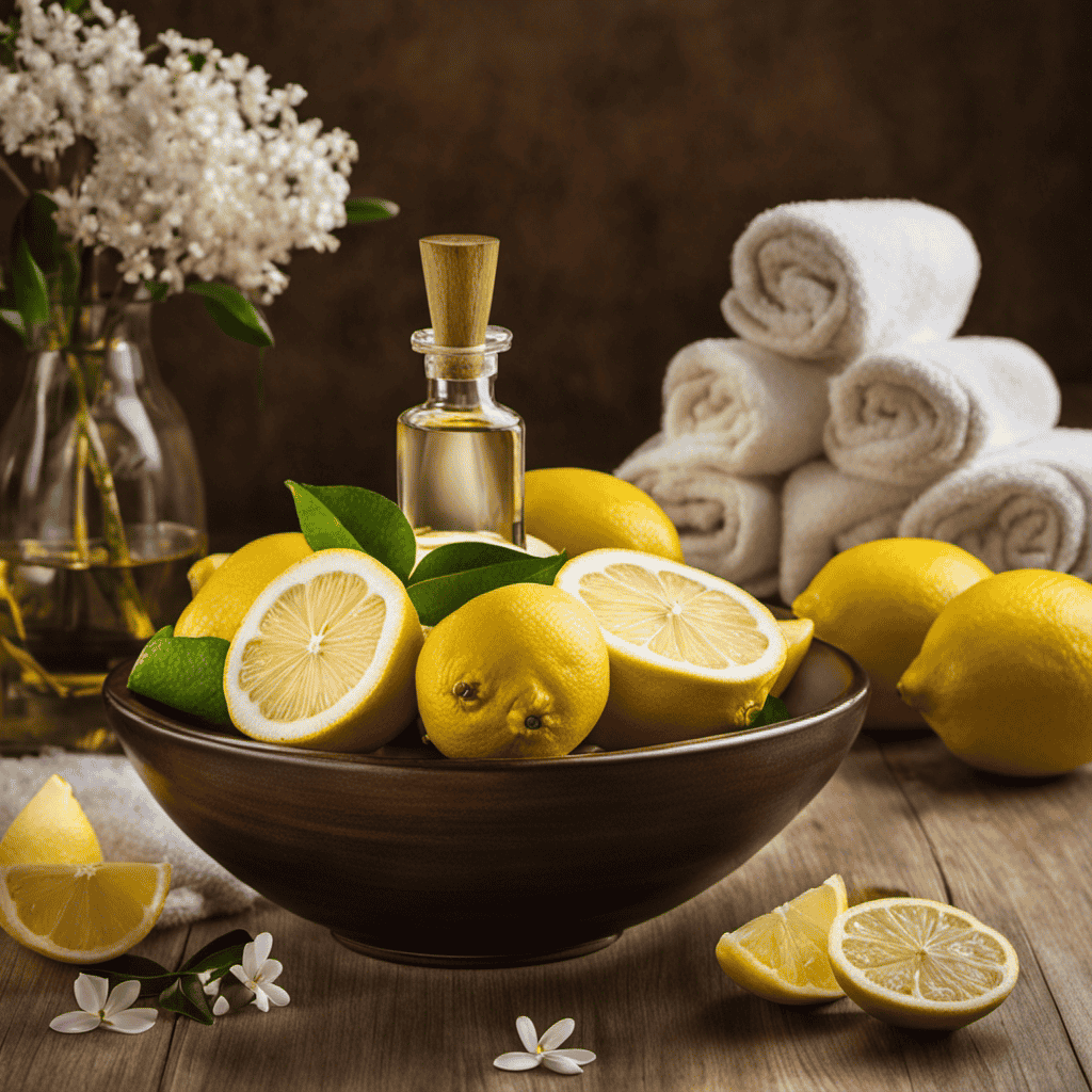 An image showcasing a serene spa setting, with soft diffused lighting and a bowl of fresh lemons, surrounded by a variety of essential oil bottles