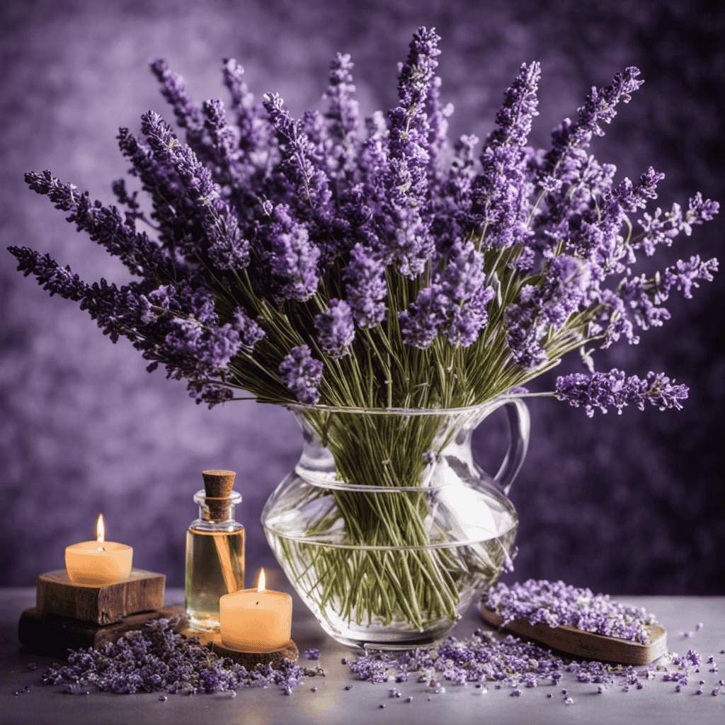 An image featuring a beautifully decorated table with a bouquet of fresh lavender flowers in a crystal vase, surrounded by various essential oil bottles and a small diffuser emitting fragrant steam