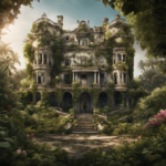 An image featuring an elegant, abandoned mansion surrounded by overgrown gardens