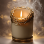 An image showcasing a serene, dimly lit room with a flickering scented candle