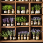 An image showcasing a tranquil scene of a wooden shelf adorned with an array of aromatic herbs, including lavender, chamomile, eucalyptus, and rosemary