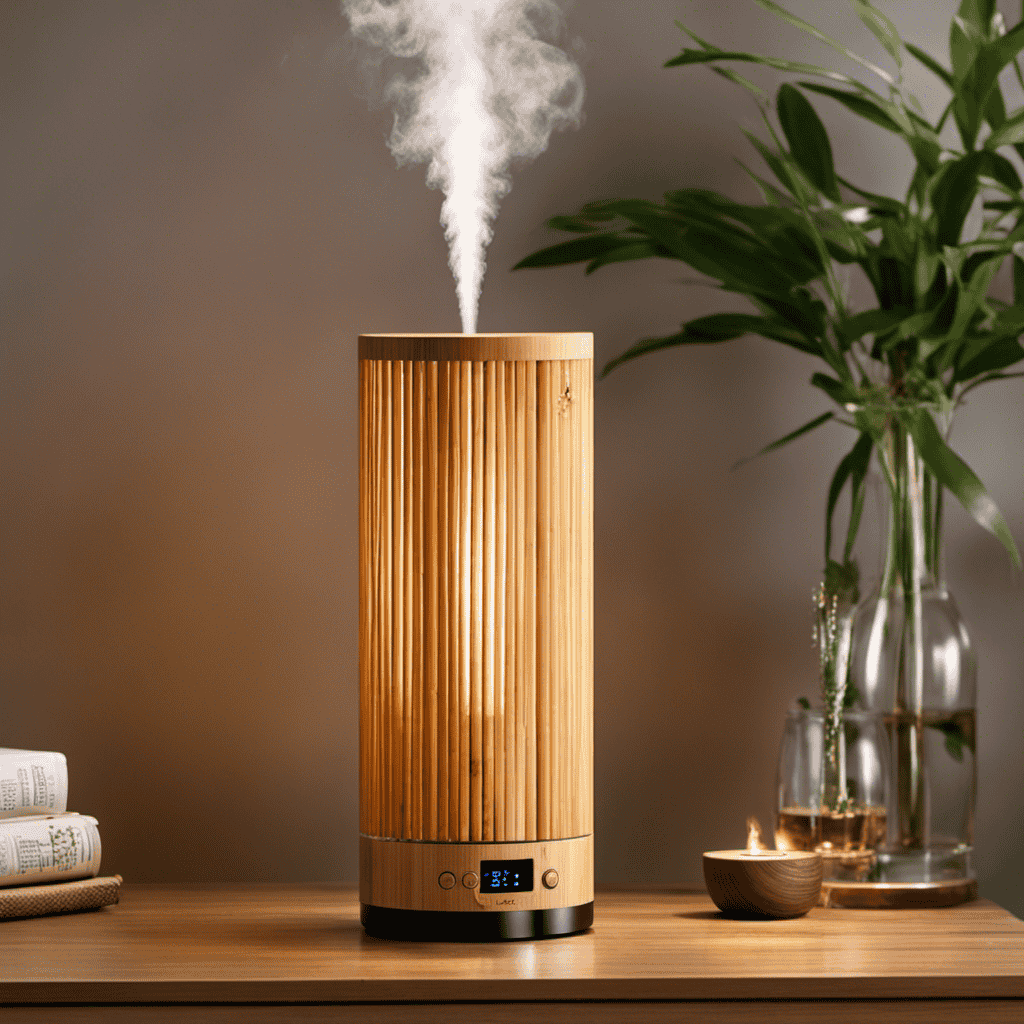 An image showcasing a sleek, cylindrical bamboo aromatherapy diffuser