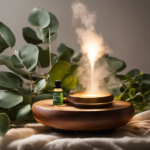 An image showcasing a serene, dimly lit room with a vaporizer emitting a gentle mist of eucalyptus oil, surrounded by vibrant green plants and a cozy blanket, evoking a soothing ambiance for flu relief through aromatherapy
