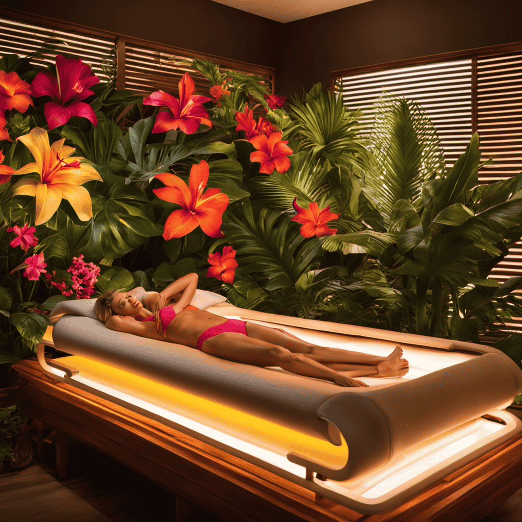 An image that showcases a serene tanning bed scene with soft, warm lighting
