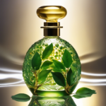 An image showcasing a glass bottle filled with golden drops of aromatic resin, surrounded by vibrant green leaves and delicate flowers