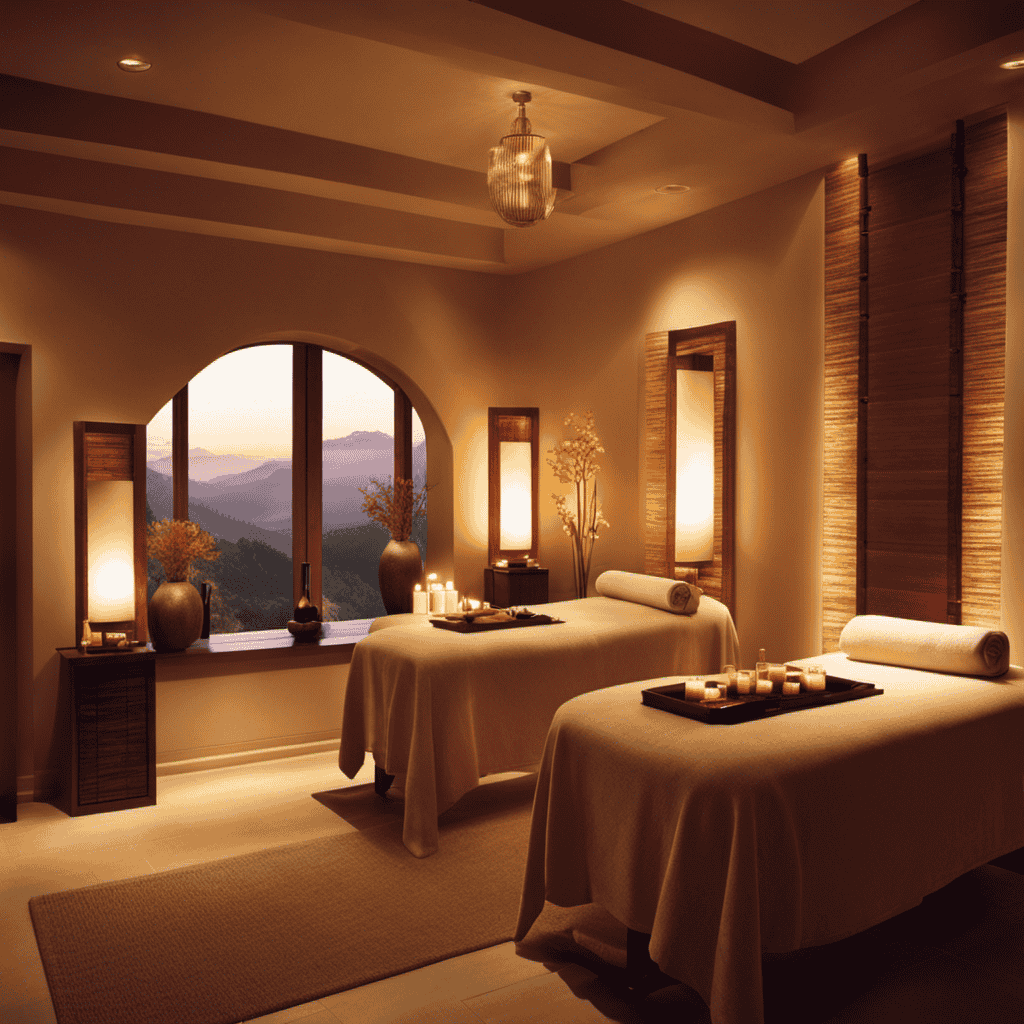 An image showcasing a serene spa room, bathed in soft, warm lighting