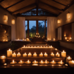 An image that captures the serene ambiance of a dimly lit spa room adorned with fragrant candles, where a skilled masseuse's hands gently glide over a client's relaxed body during a Swedish massage with aromatherapy