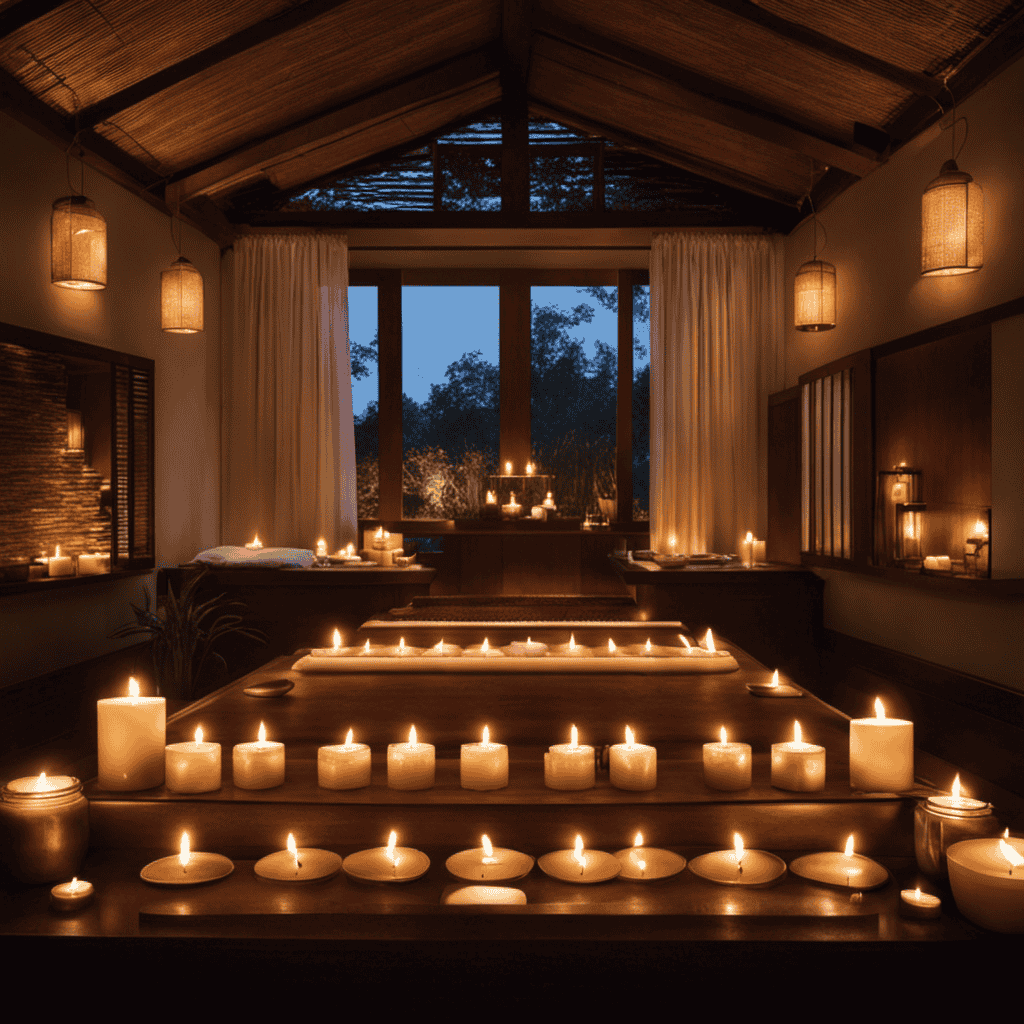 An image that captures the serene ambiance of a dimly lit spa room adorned with fragrant candles, where a skilled masseuse's hands gently glide over a client's relaxed body during a Swedish massage with aromatherapy