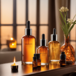 An image showcasing a serene, sunlit room adorned with delicate amber-colored bottles, emitting a soft, warm glow