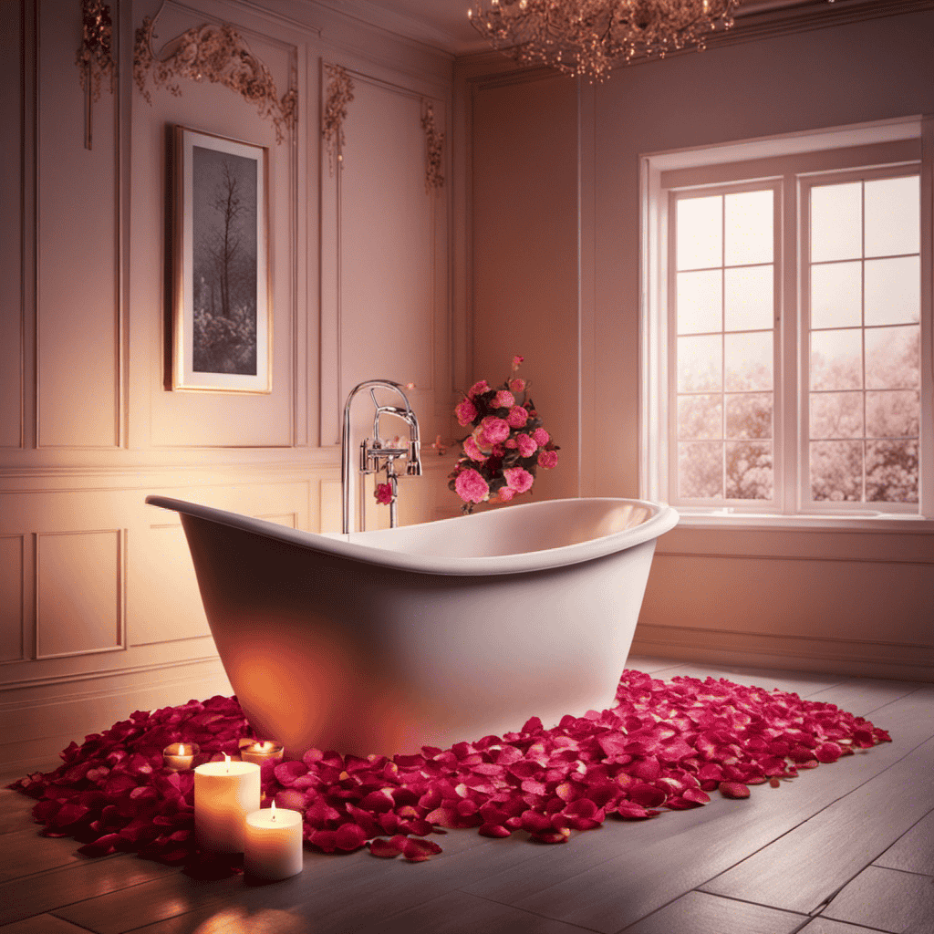 An image showcasing a serene bathroom scene with a softly lit, candlelit bathtub filled with rose petals and steam rising gently, evoking the essence of relaxation and tranquility that an aromatherapy bath offers