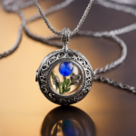 An image of a delicate, silver pendant hanging from a chain, encasing a tiny, intricately designed glass vial
