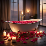 An image showcasing a serene bathroom scene with a wooden bathtub filled with warm water and fragrant rose petals floating on the surface