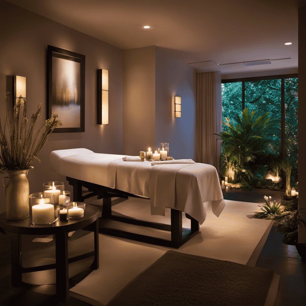 An image capturing a serene spa scene: a dimly lit treatment room with soft, flickering candlelight, a tranquil water feature, and a massage table draped with crisp white linens, adorned with aromatic essential oils