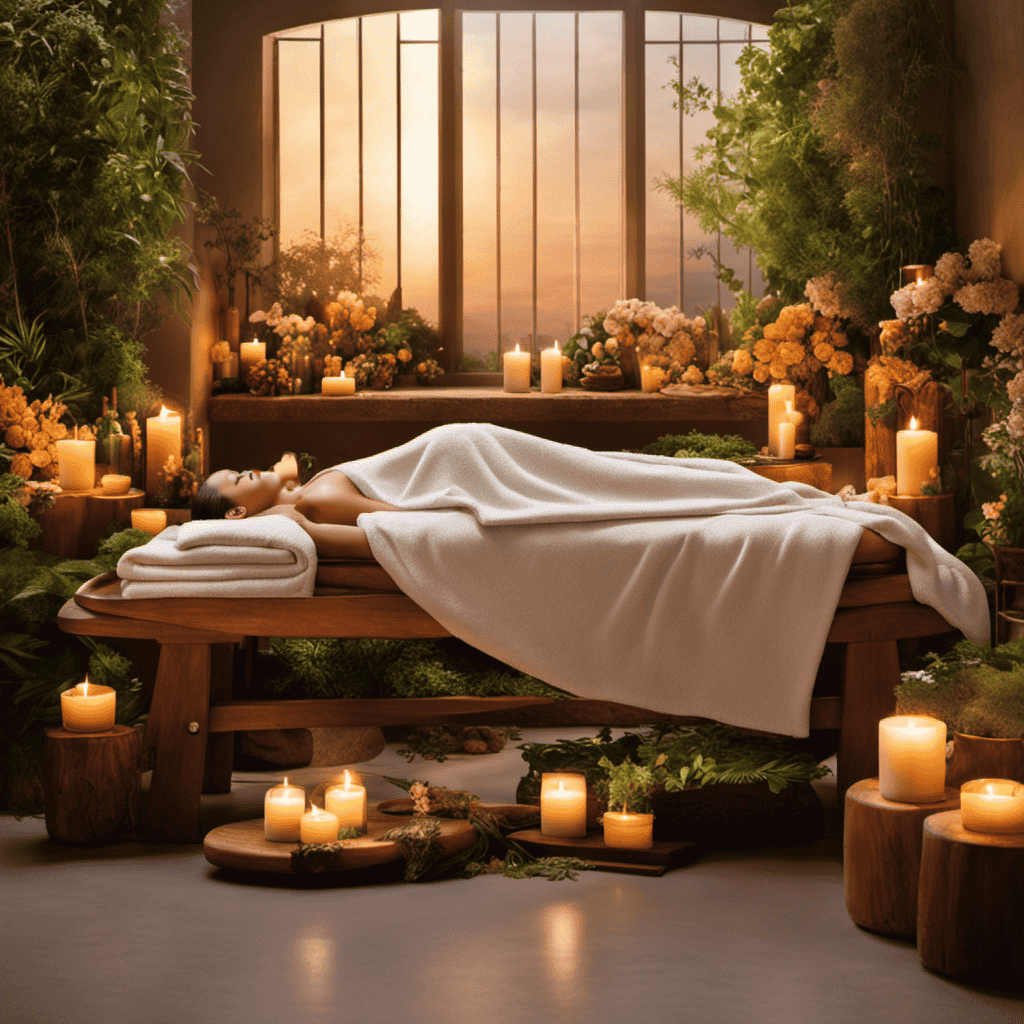 An image showcasing a serene spa setting with a person lying on a massage table, enveloped in a cozy wrap infused with fragrant flowers and herbs, their body surrounded by a soft, warm glow