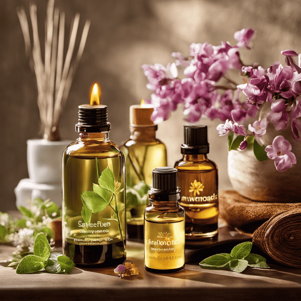 An image capturing the essence of aromatherapy: a serene scene with soft, natural lighting illuminating a collection of fragrant essential oils, diffusers, and vibrant botanicals, evoking relaxation and rejuvenation