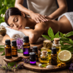 An image showcasing a serene setting with a person surrounded by various aromatic essential oils, engaging in a calming Aromatherapy Freedom Technique session