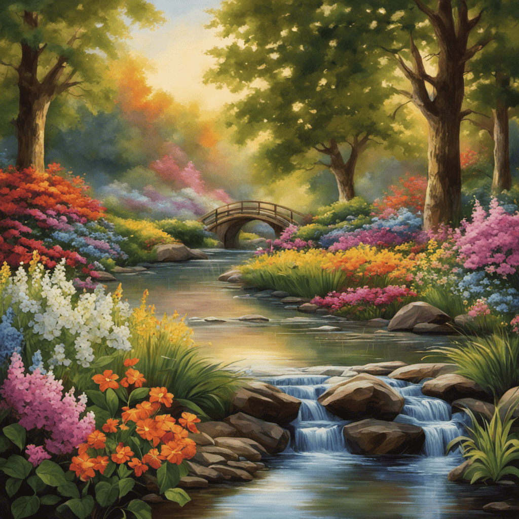 An image showcasing a serene pastoral setting with a gentle stream surrounded by vibrant flowers and trees
