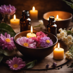 An image that captures the essence of aromatherapy: a serene setting with soft candlelight, a delicate bouquet of flowers, and wisps of fragrant steam rising from a bowl of essential oils