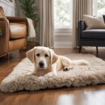 An image showcasing the serene ambiance of a cozy living room, where a contented dog lounges on a plush rug while soothing aromas waft from an array of aromatic oils and diffusers