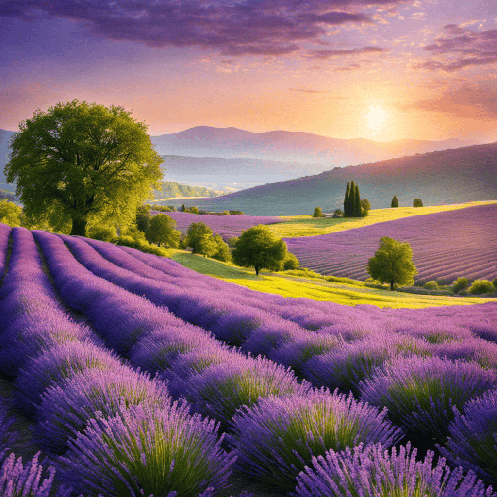 An image showcasing the essence of aromatherapy: a serene scene with soft, diffused sunlight filtering through lush, blooming lavender fields, surrounded by delicate, aromatic herbs and flowers, evoking a sense of tranquility and well-being