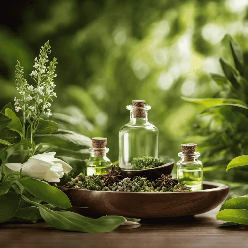 An image that depicts a serene setting with soft, diffused lighting, showcasing an array of aromatic plants and essential oils