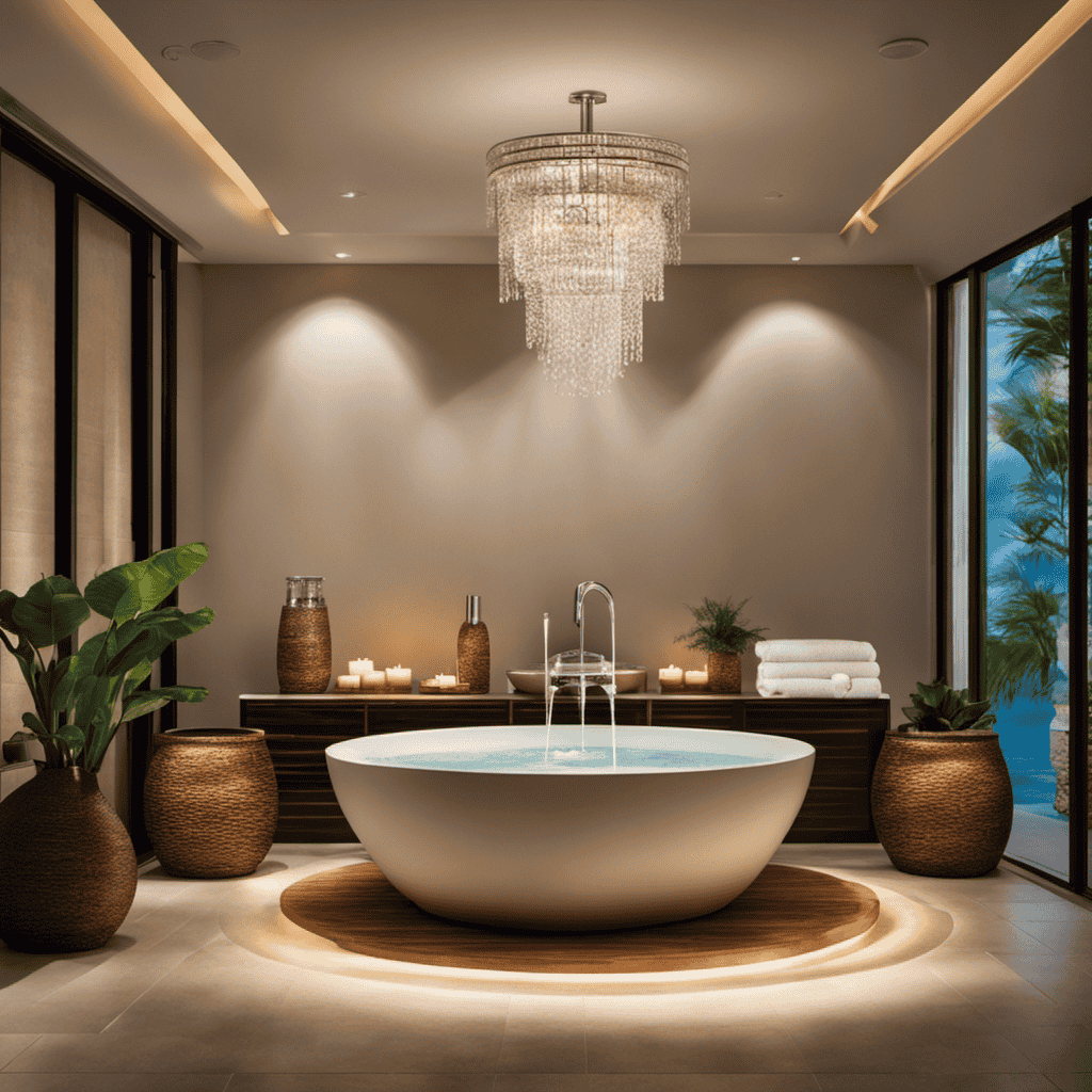 An image showcasing a serene, dimly lit spa room adorned with flickering scented candles, plush white towels neatly stacked, and a tranquil water fountain softly trickling in the corner