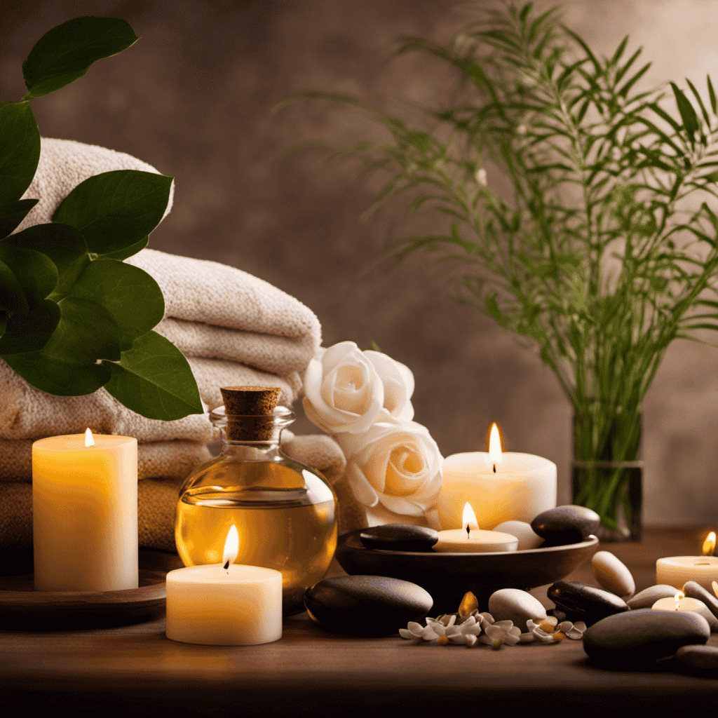 An image showcasing a serene spa setting with soft, diffused lighting, where a person is indulging in an aromatherapy session