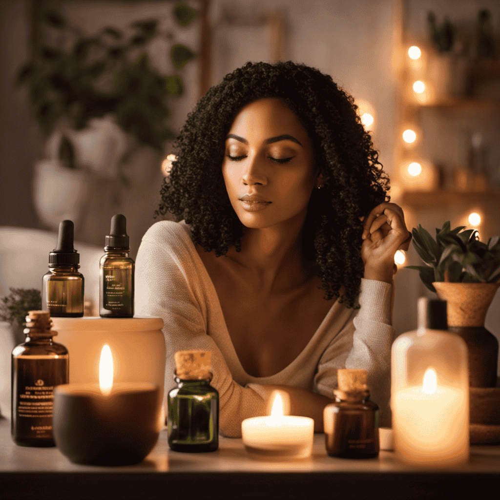 An image showcasing a serene scene of a woman in a dimly lit room, surrounded by various essential oils, diffusers, and scented candles