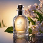 An image showcasing a serene scene of a clear glass bottle filled with aromatic water, illuminated by soft sunlight