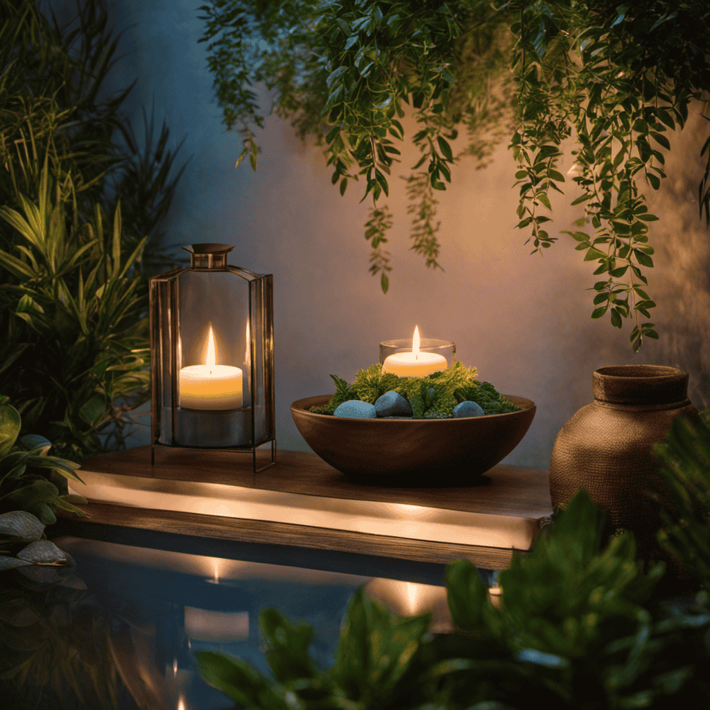 An image depicting a serene spa-like setting with a diffuser emitting a gentle mist of benzyl benzoate-infused essential oil, surrounded by lush greenery and soft candlelight