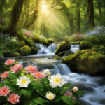 An image showcasing a serene, nature-inspired scene with soft sunlight filtering through a lush forest, surrounded by blooming flowers and a gentle stream, symbolizing the superior tranquility offered by an alternative to Bath and Body Works Aromatherapy Line