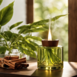 An image showcasing a serene setting, with a warm diffuser releasing delicate cinnamon-scented vapor
