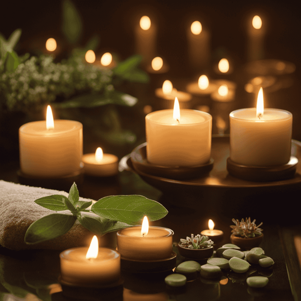 An image showcasing the serene ambiance of a dimly lit spa room, with a tranquil pool of water reflecting the soft glow of flickering candles, infused with the calming essence of clary sage essential oil