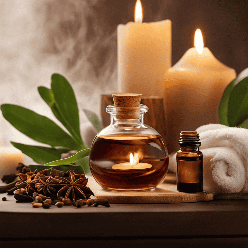 An image showcasing a serene spa setting with soft lighting, a cozy aromatherapy corner, and a diffuser emitting a gentle mist of clove oil
