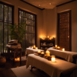 An image showcasing a serene spa room, dimly lit with flickering candles