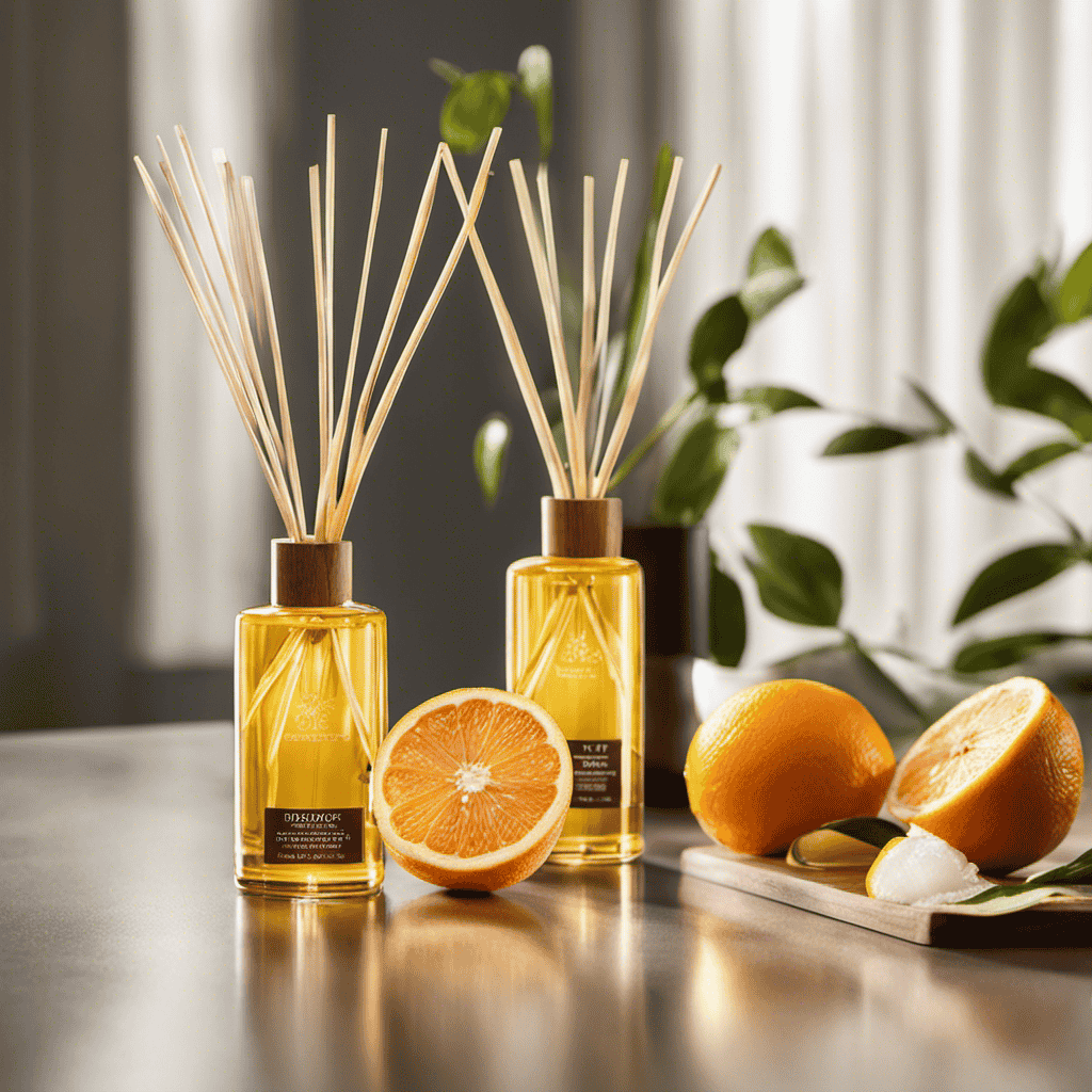 An image that showcases a vibrant, sunlit room with a diffuser emitting a refreshing burst of citrus-scented energy essential oil