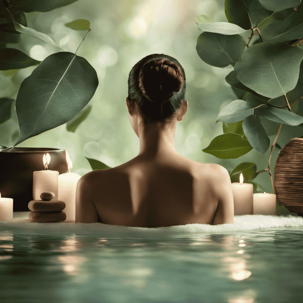 An image showcasing a serene spa setting with a person experiencing the soothing effects of eucalyptus aromatherapy