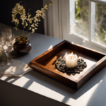 An image showcasing a serene setting with a wooden tray displaying a smoldering frankincense resin, emitting wisps of fragrant smoke