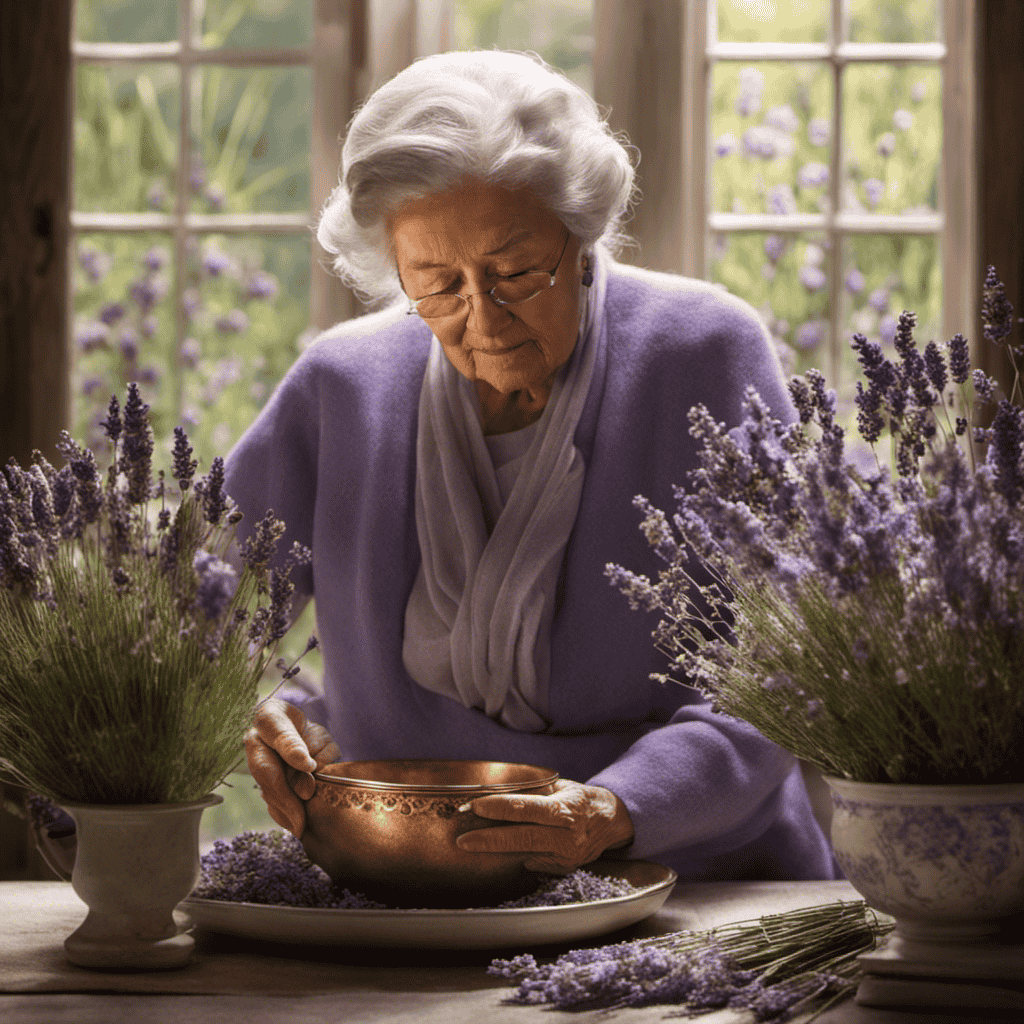 An image portraying a serene elderly person surrounded by soft, diffused light, gently inhaling the sweet scent of lavender from a bowl of dried flowers, evoking a sense of calm and relaxation