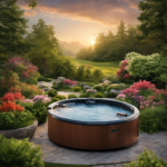 An image showcasing a serene outdoor scene with a luxurious hot tub surrounded by lush greenery