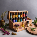 An image showcasing a beautifully curated collection of essential oil bottles in various vibrant colors, nestled in an elegant wooden box