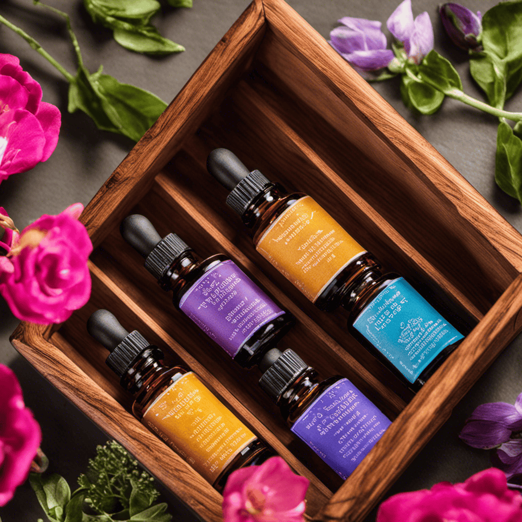 An image showcasing a beautifully crafted wooden box filled with six exquisite glass bottles of Emotional Aromatherapy essential oils, each labeled with vibrant colors representing their unique scent and purpose