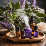 An image showcasing a serene setting with a wooden tray displaying an array of essential oils, a diffuser emitting gentle mist, and various aromatic botanicals like lavender, eucalyptus, and rose petals