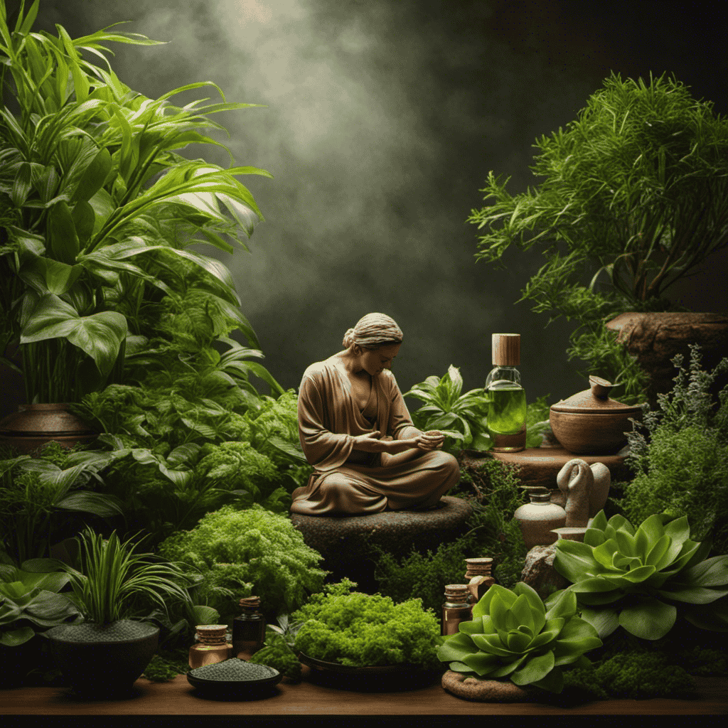 An image featuring a serene setting with a person inhaling aromatic vapors, surrounded by a variety of essential oils, diffusers, and lush green plants, evoking a sense of calm and relaxation
