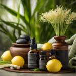 An image showcasing the versatility of lemongrass essential oil in aromatherapy, featuring a serene spa setting with a diffuser emitting fragrant mist, surrounded by various objects symbolizing relaxation, rejuvenation, and mental clarity