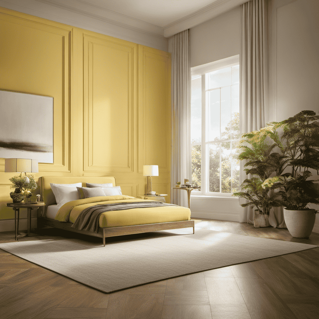 An image showcasing a serene, sunlit room with a diffuser emitting a soft, yellow-hued mist infused with the invigorating scent of lemon, enveloping the space in a refreshing and uplifting ambiance