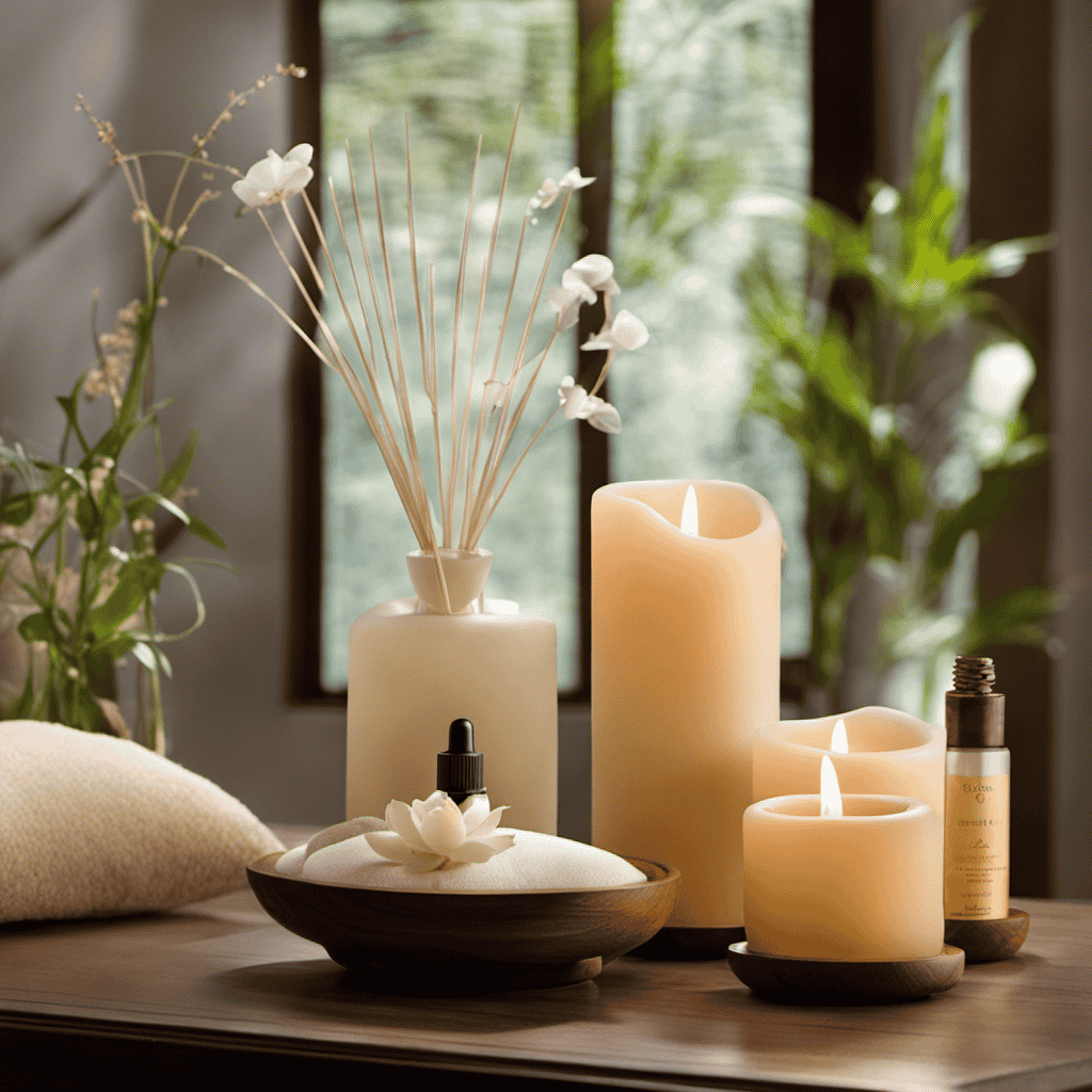 An image showcasing a tranquil setting with soft, diffused lighting: a serene spa room adorned with elegant, aromatic essential oil diffusers emitting gentle wisps of fragrant mist, inviting readers to explore the world of Naha Aromatherapy
