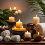 An image showcasing a serene spa setting, with an inviting massage table adorned with aromatic essential oils