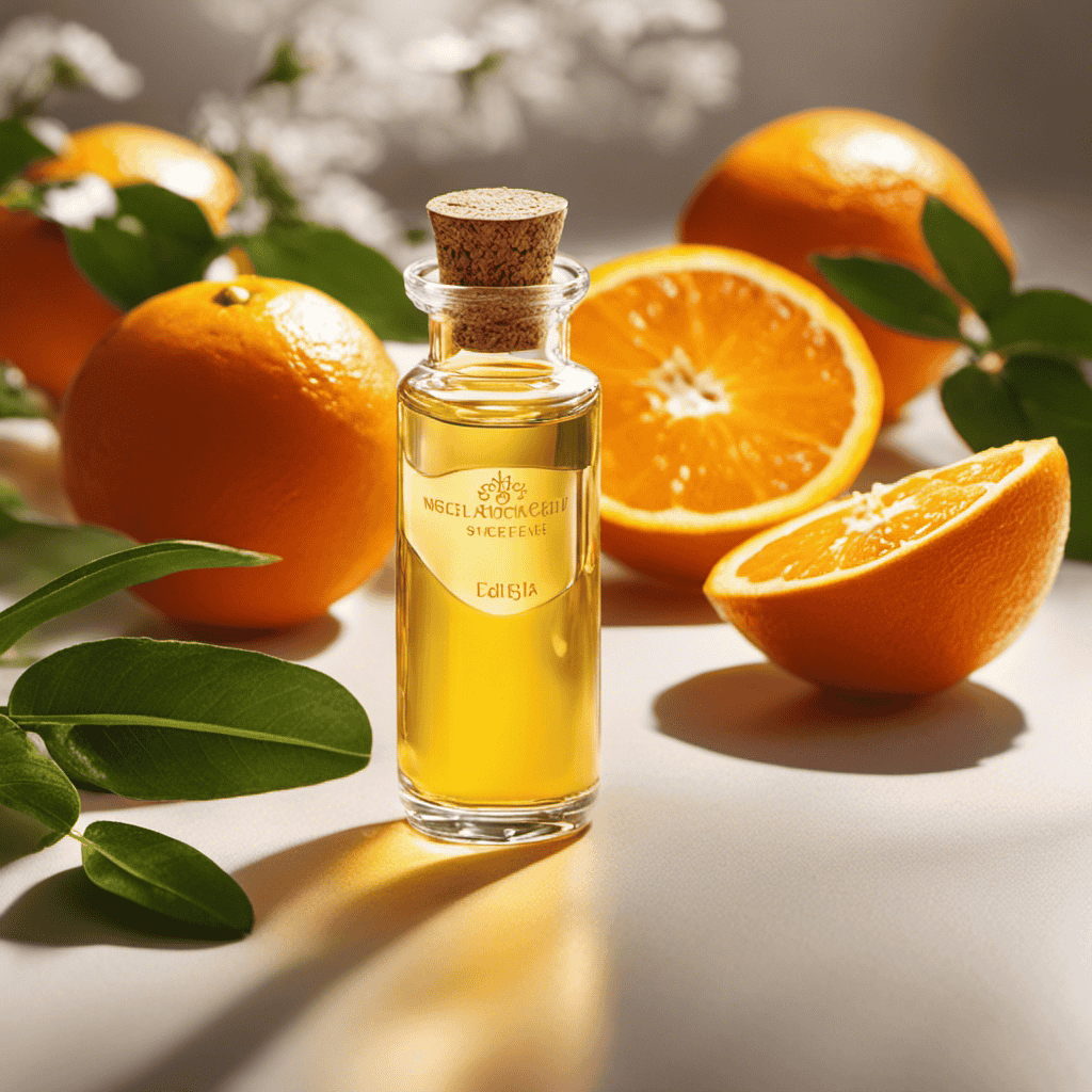 An image that showcases the vibrant orange essence of sweet orange oil, captured in a small glass vial
