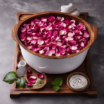 An image showcasing a serene spa-like setting with soft ambient lighting, a bathtub filled with aromatic rose petals, and a steaming cup of herbal tea on a wooden tray, enveloping the viewer in the essence of relaxation